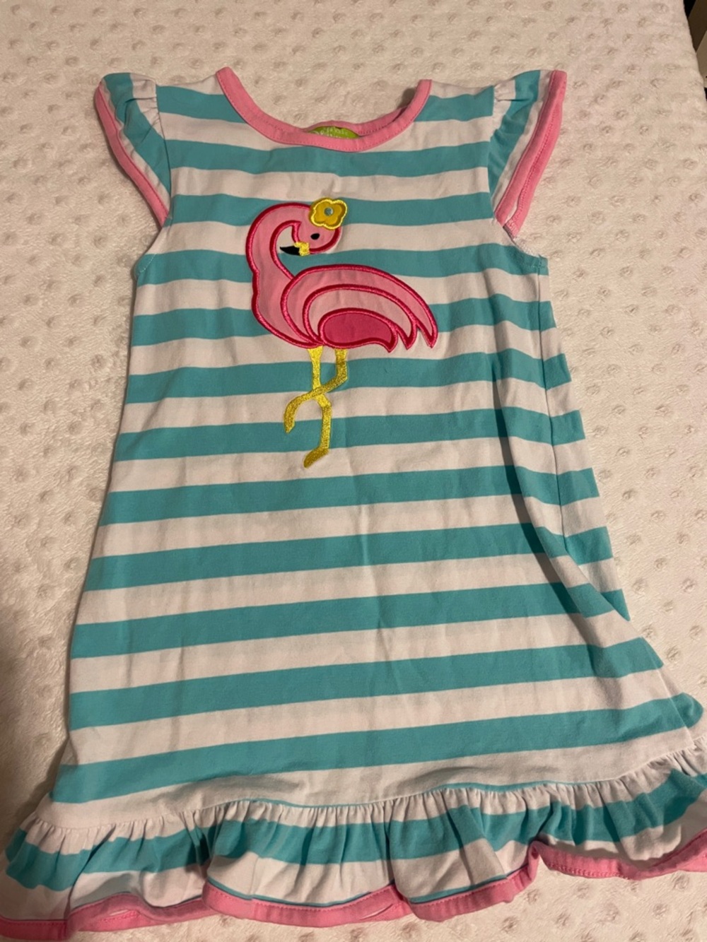 Girls' Turquoise & White Striped Flamingo Dress with Pink Trim